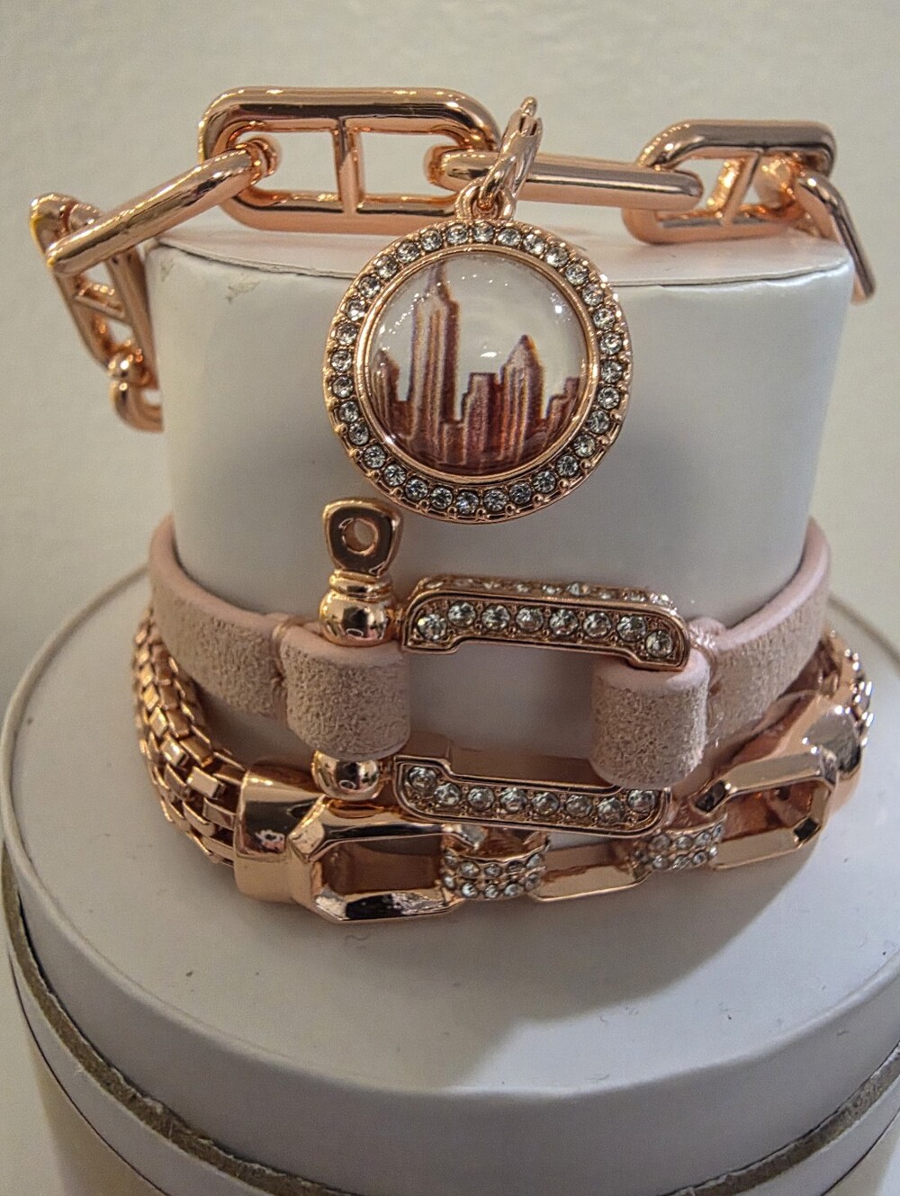 bp Rose Gold Crystal Cityscape Charm Bracelet Set